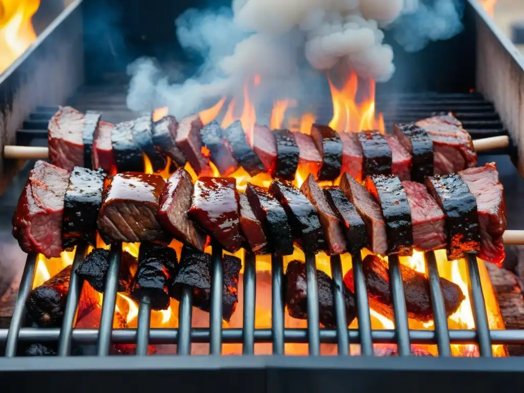 Fotografía de asado uruguayo: Detalle de un asado en una parrilla tradicional con carnes perfectamente asadas y llamas crepitantes