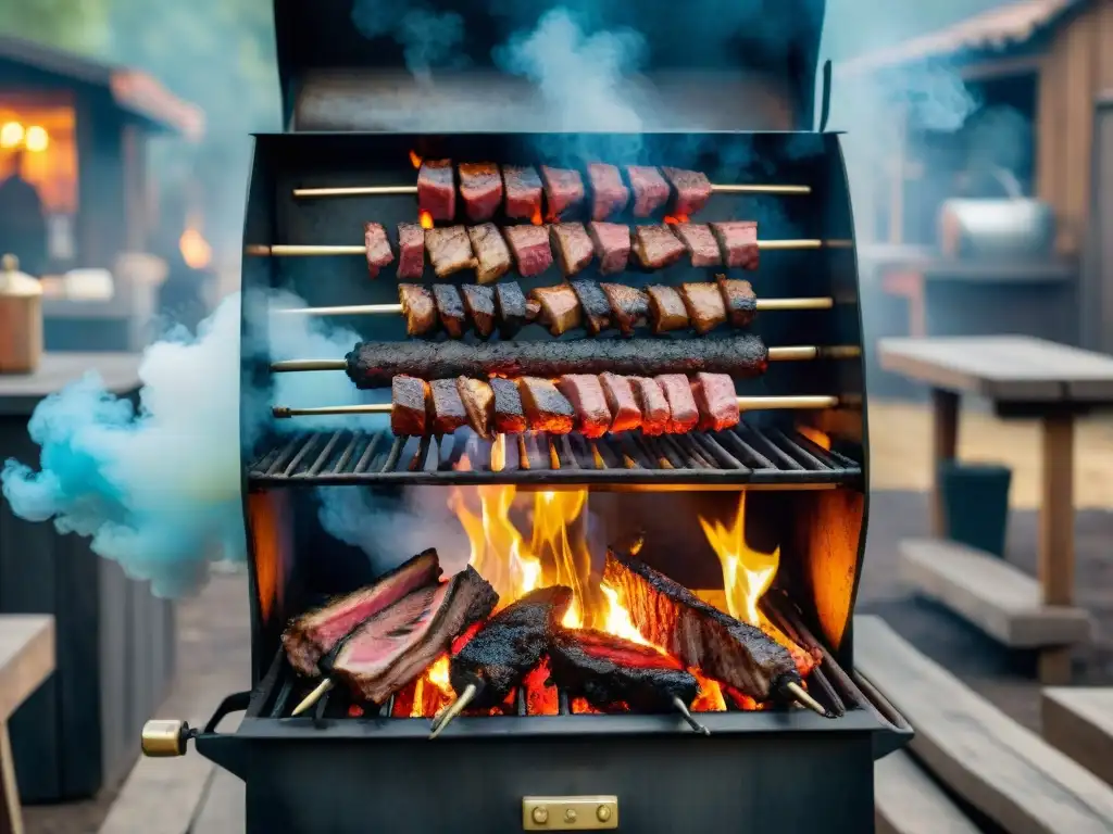 Fotografía de asado uruguayo: Detalle impresionante de una parrilla tradicional con carne, brasas y chimichurri en cuencos elegantes