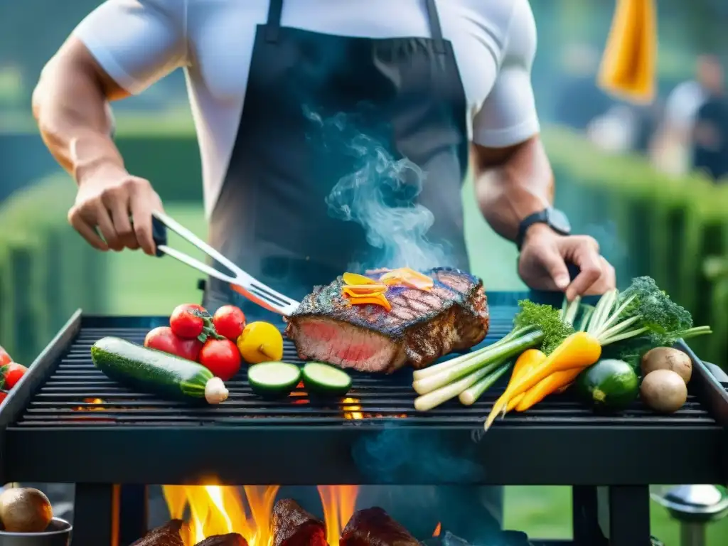 Un asado uruguayo con dieta alta rendimiento: atletas preparando carne magra y verduras en una parrilla vibrante