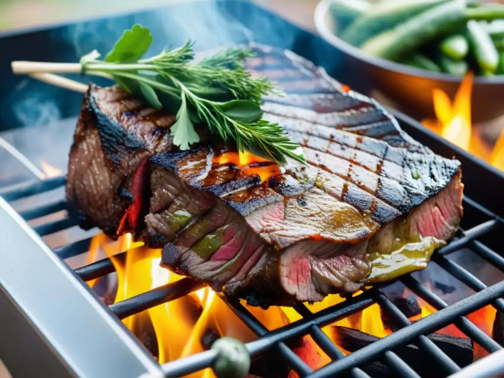 Un asado uruguayo ecoamigable: carne sizzling y verduras frescas en la parrilla con un toque sostenible