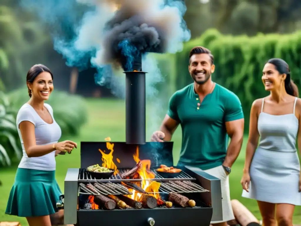 Un asado uruguayo ecoamigable en la naturaleza con amigos felices