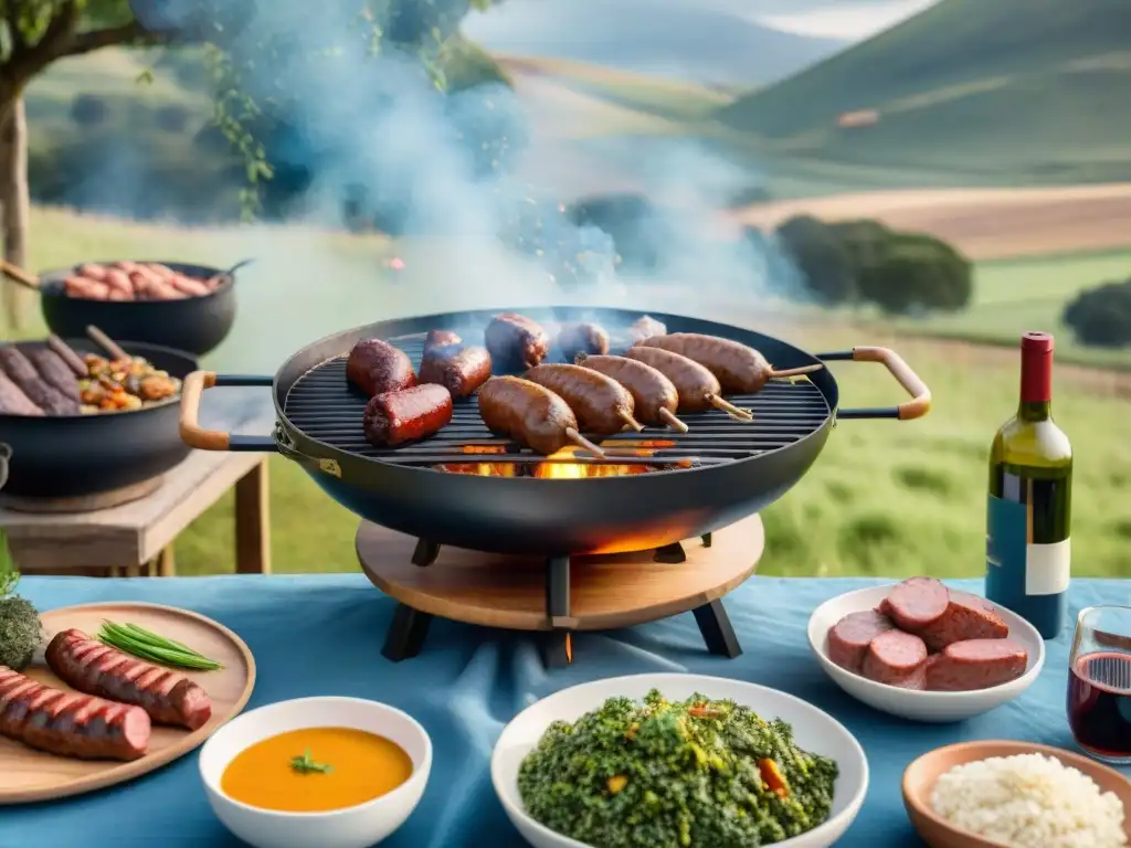 Un asado uruguayo ecoamigable en un paisaje campestre exuberante, con deliciosas carnes y verduras a la parrilla al atardecer