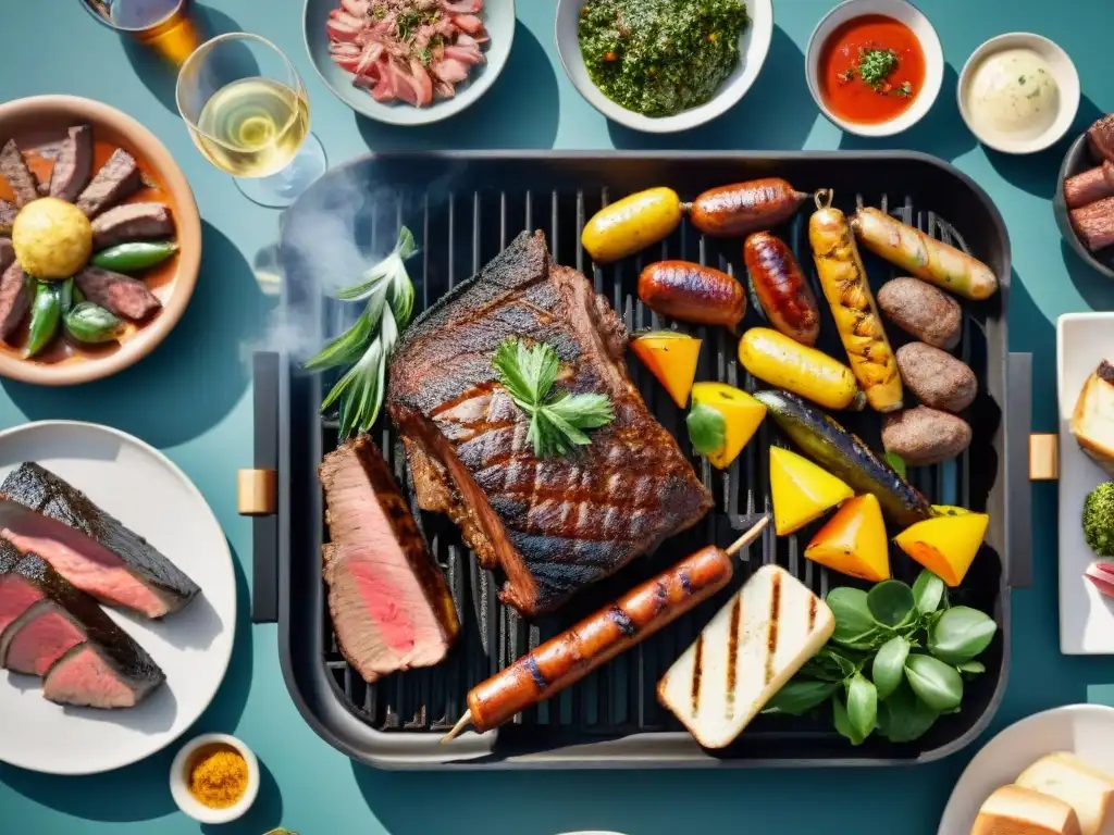 Un asado uruguayo eléctrico perfectamente cocinado con una variedad de carnes suculentas y chimichurri, en un ambiente de convivencia al aire libre