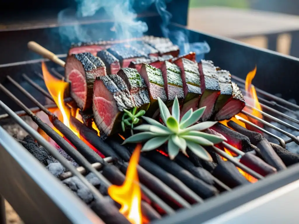 Un asado uruguayo eléctrico con detalles ultrarrealistas, carnes doradas, vegetales coloridos y hierbas aromáticas