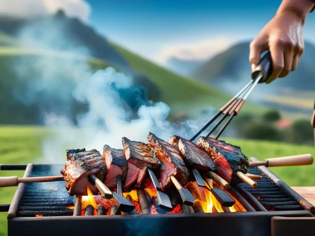 Un asado uruguayo en un entorno campestre, con variedad de carnes cocinándose sobre brasas calientes y un experto asador