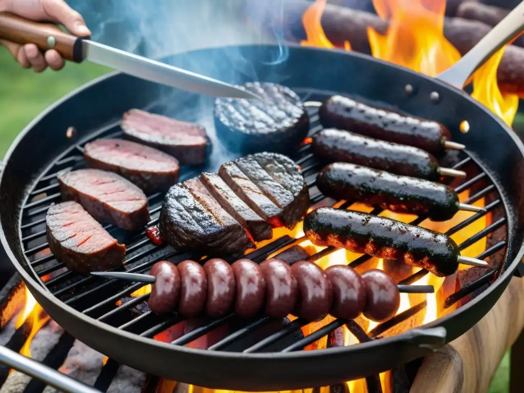 Un asado uruguayo en un entorno rústico con cortes premium cocinándose en una parrilla, rodeada de vegetación exuberante y un chef gaucho