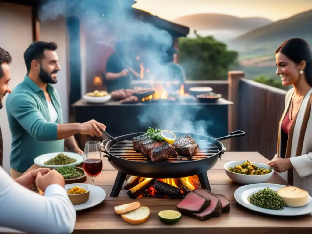 Un asado uruguayo en un entorno rústico al atardecer, rodeado de amigos y familiares disfrutando de la comida