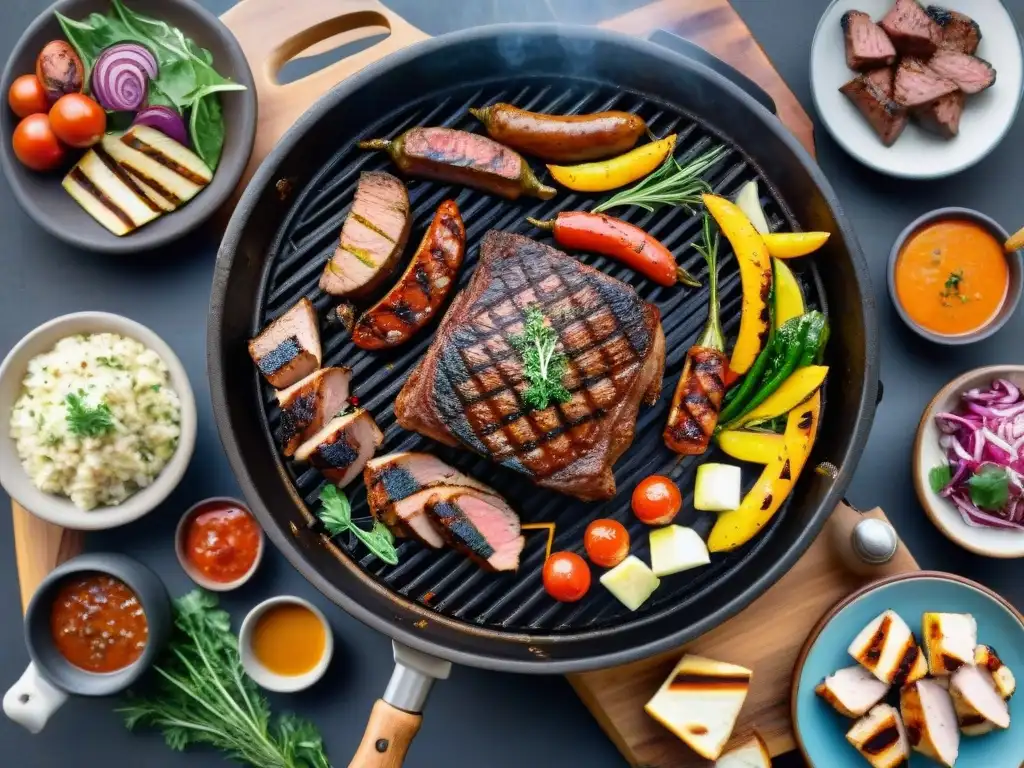 Un asado uruguayo equilibrado con carnes jugosas, vegetales a la parrilla y ensaladas coloridas