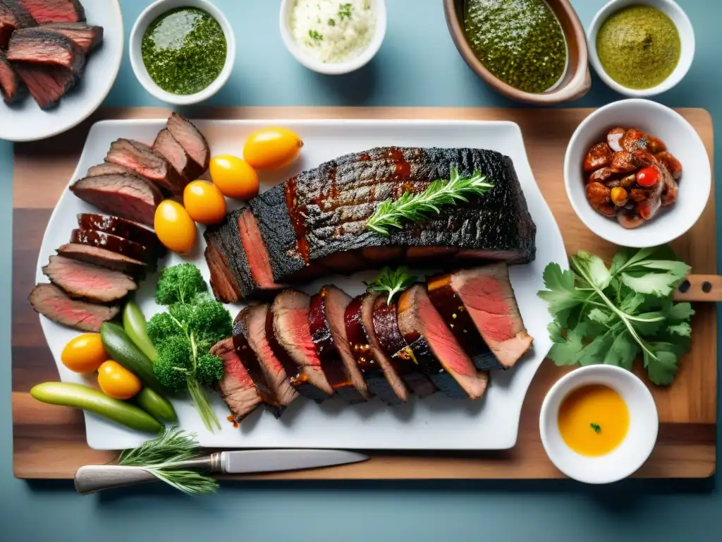 Un asado uruguayo exquisitamente equilibrado en mesa rústica, con carnes jugosas y coloridas guarniciones