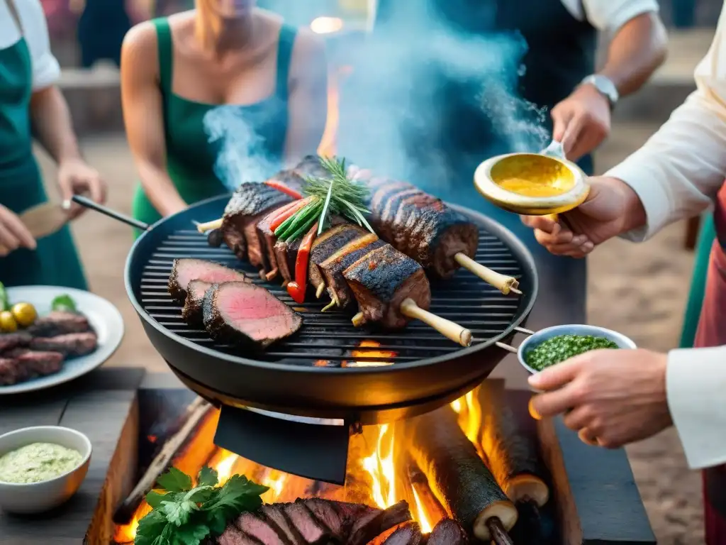 Un asado uruguayo tradición innovación: escena detallada de una parrillada al aire libre con comida, humo y camaradería al atardecer