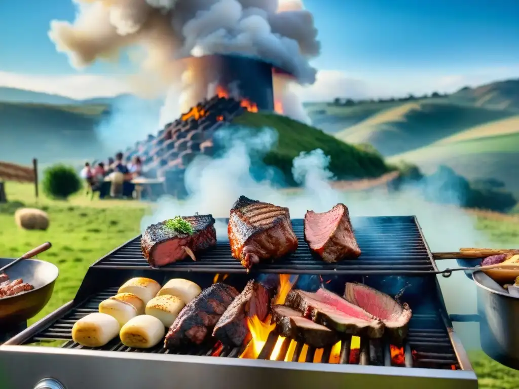 Disfrute de la tradición del asado uruguayo en una escena familiar al aire libre con amigos y familiares riendo y compartiendo, con una parrilla llena de carne y humo ascendente, en un entorno campestre verde y cielo azul despejado