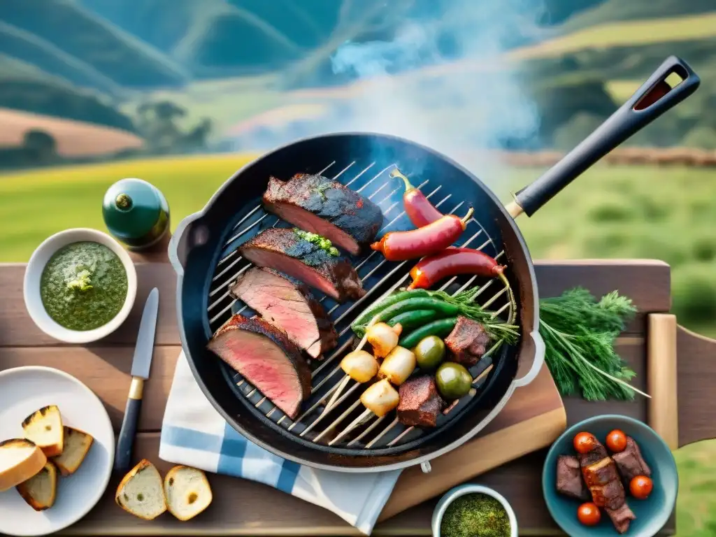Innovación en el asado uruguayo: Escena festiva con amigos y familia alrededor de la parrilla, en el campo uruguayo