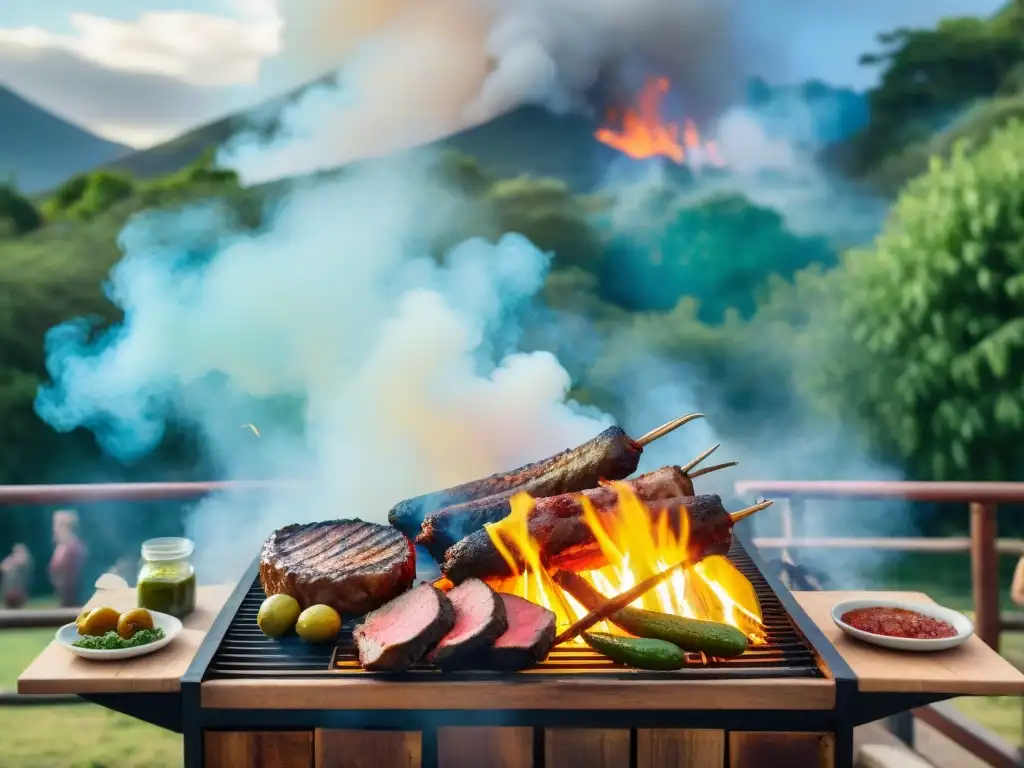 Revolución del asado uruguayo: Escena vibrante de asado al aire libre con amigos y familia disfrutando bajo árboles verdes