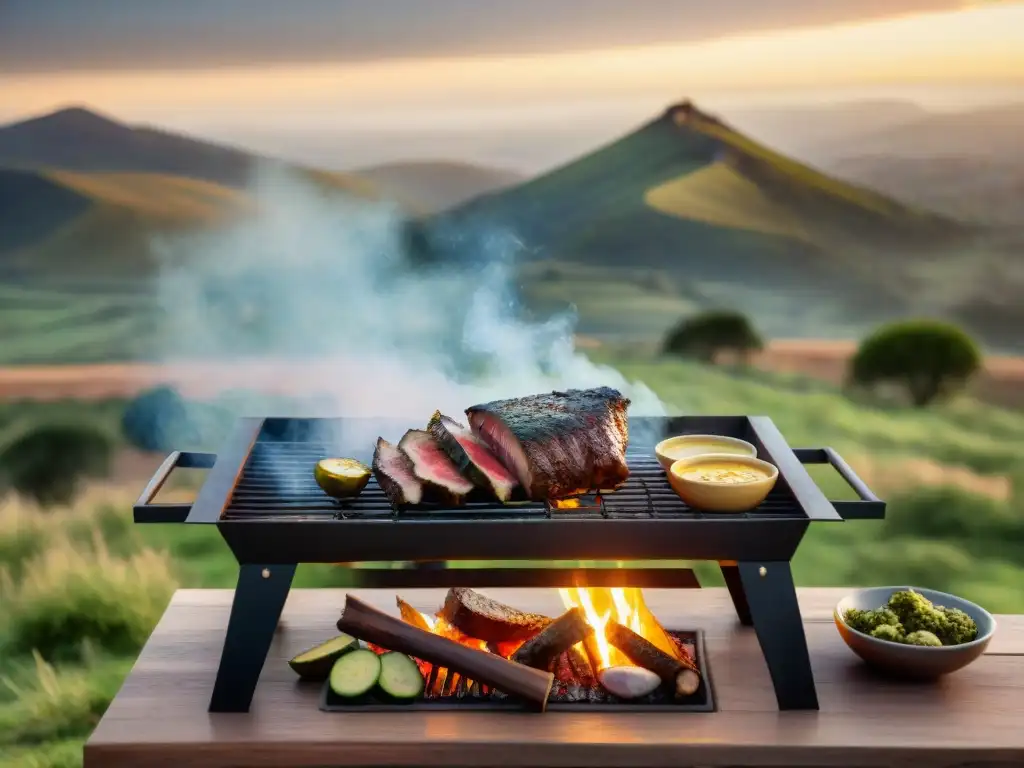 Un asado uruguayo con costillar a la estaca sobre fuego abierto, condimentos tradicionales y paisaje campestre al atardecer