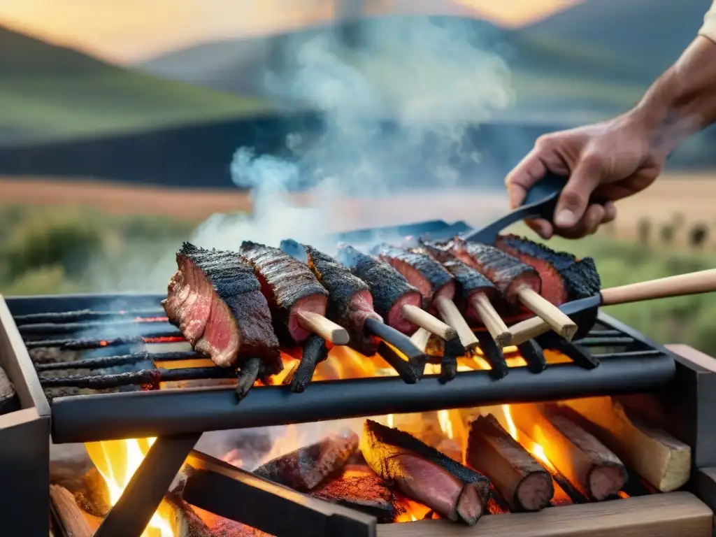 Un asado uruguayo: costillar a estaca dorándose lentamente sobre fuego de leña al atardecer, con manos expertas y paisaje campestre