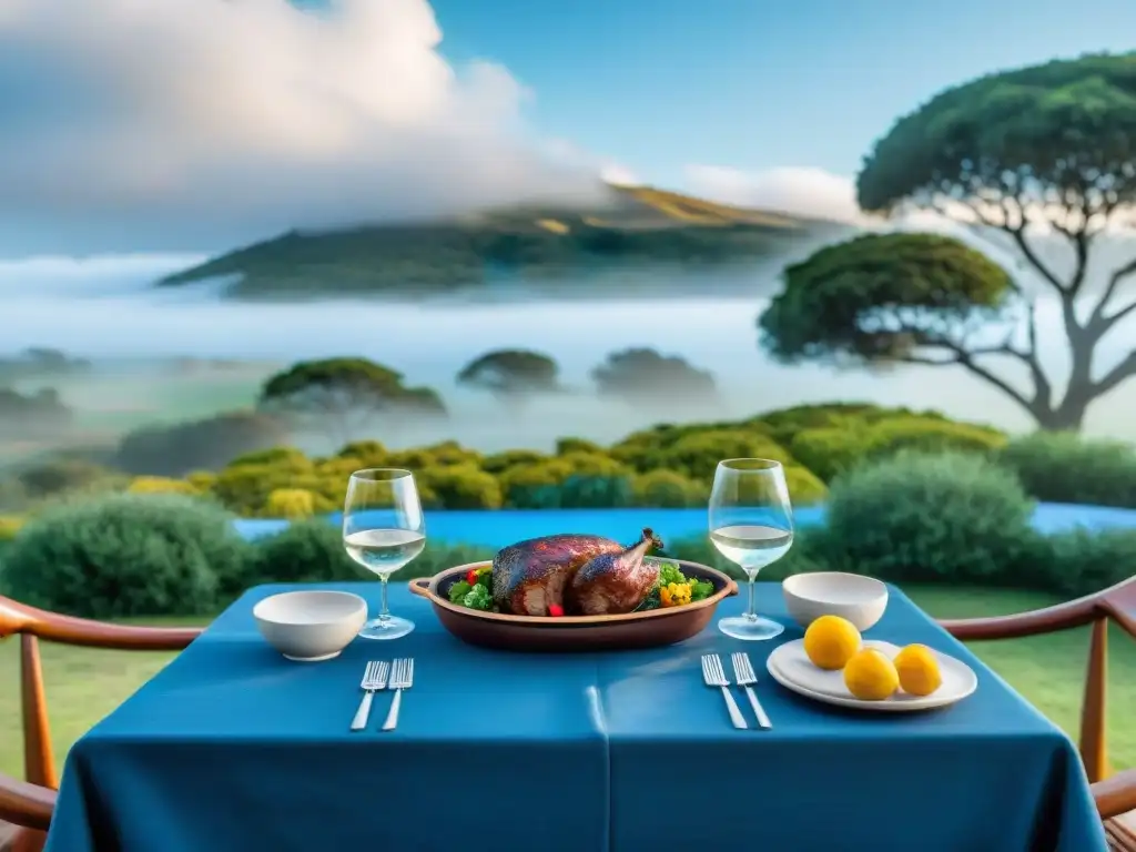 Un asado uruguayo en una estancia rodeado de naturaleza exuberante bajo el cielo azul