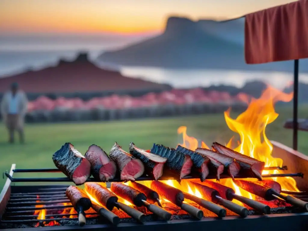 Un asado uruguayo estilo montevideano con gauchos y paisaje icónico al atardecer