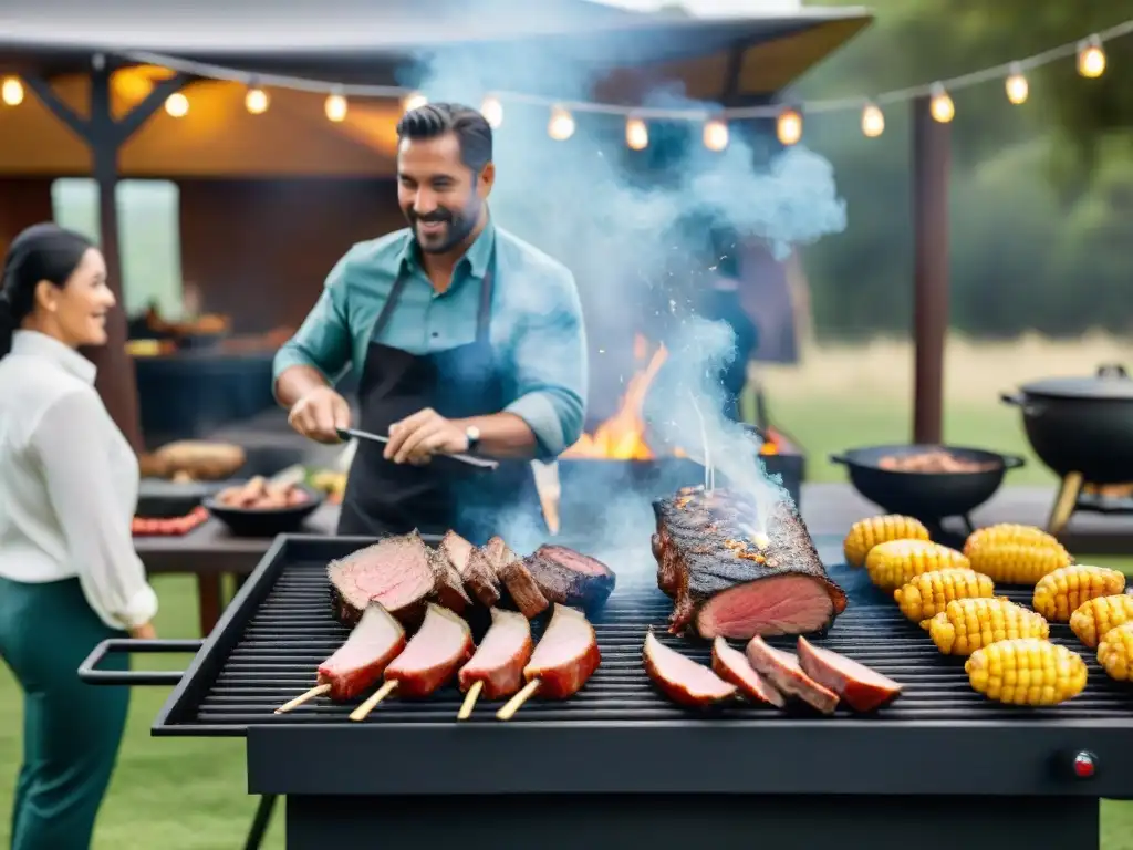 Asado uruguayo para eventos corporativos: Chef experto asando carne mientras invitados conversan en elegante espacio al aire libre