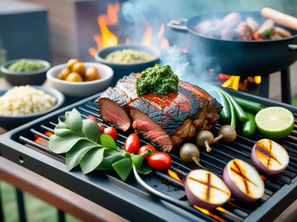 Un asado uruguayo para eventos corporativos con carne en la parrilla, chimichurri y vegetales a la parrilla en un entorno al aire libre exuberante