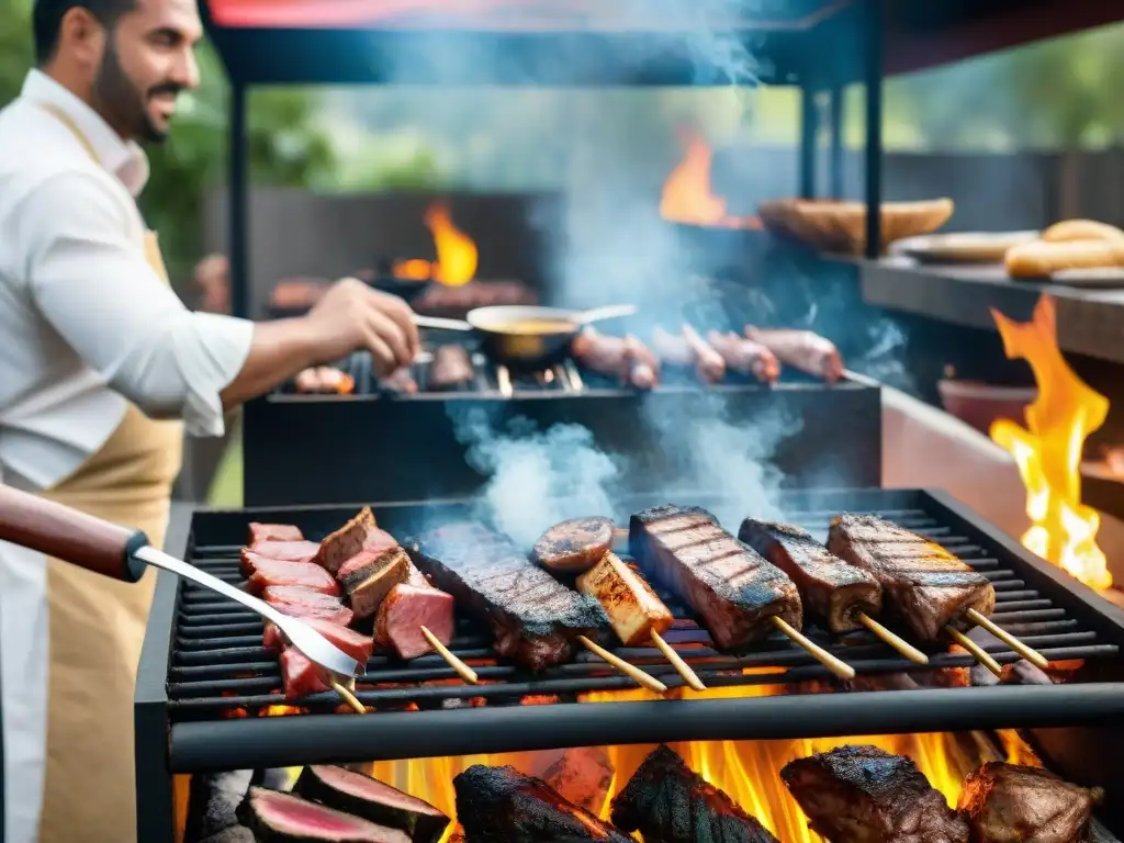 Un asado uruguayo para eventos corporativos: una parrilla tradicional con carnes jugosas y ahumadas, invitando a los comensales a disfrutar