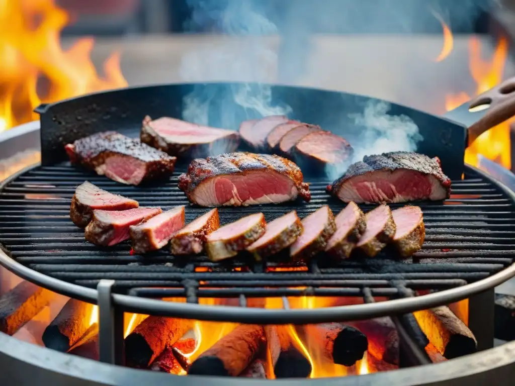 Un asado uruguayo en eventos especiales: detallada imagen de carne cocinándose a la perfección sobre una parrilla rodeada de humo y fuego