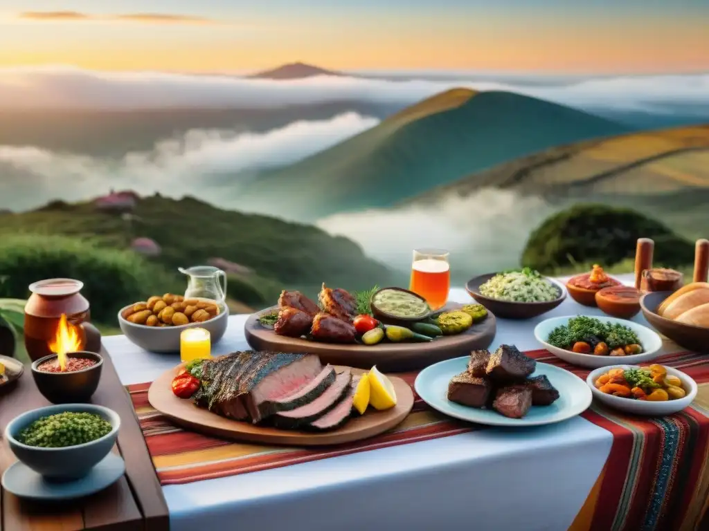 Un asado uruguayo exitoso con variadas carnes, chimichurri y vegetales, en una mesa decorada con elementos rústicos y mates