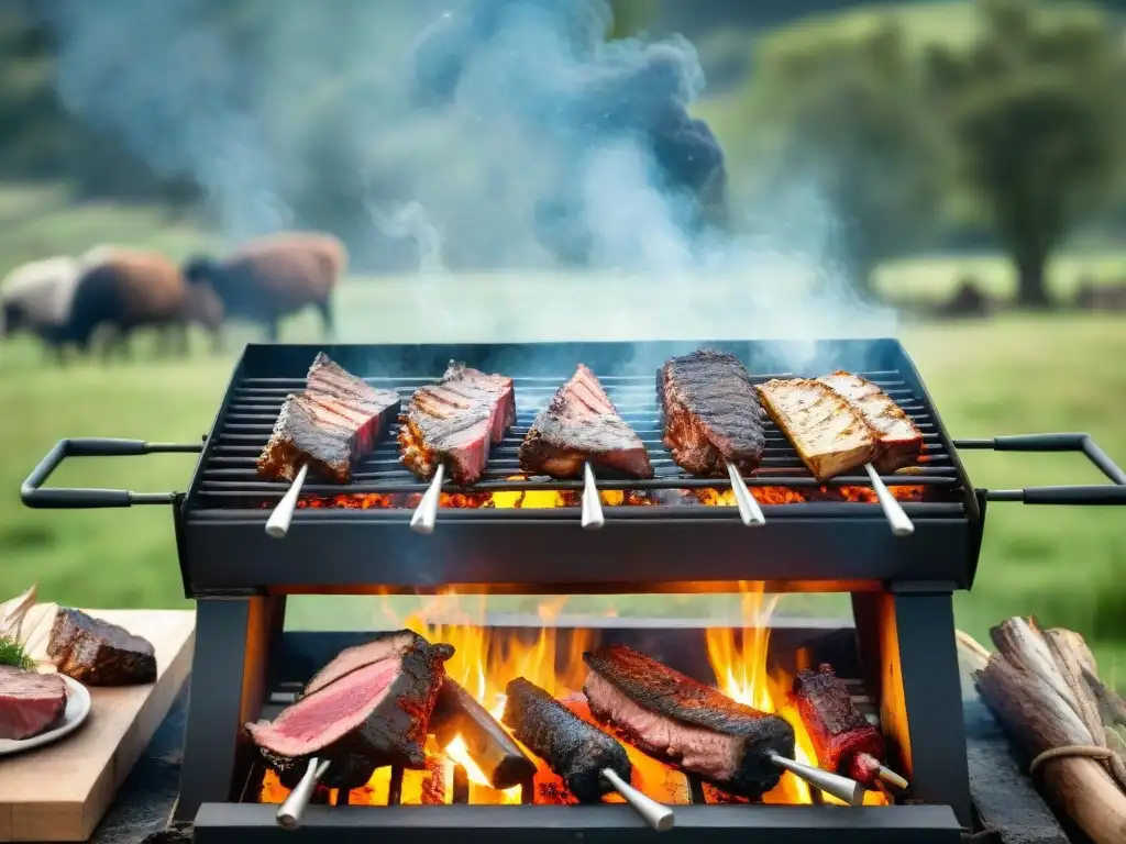 Un asado uruguayo exótico en la campiña: carnes de avestruz, jabalí y llama a la parrilla sobre brasas