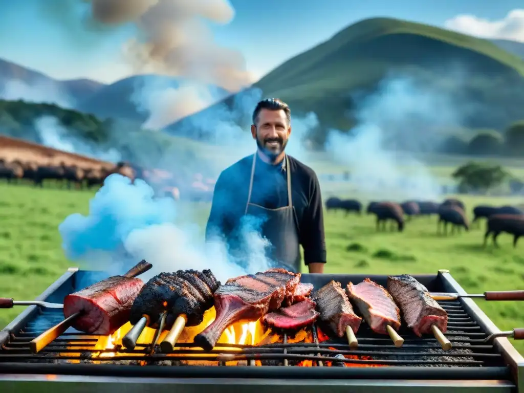 Un asado uruguayo exótico en el campo: gauchos con carne de avestruz, jabalí y venado sobre brasas ardientes bajo cielo azul