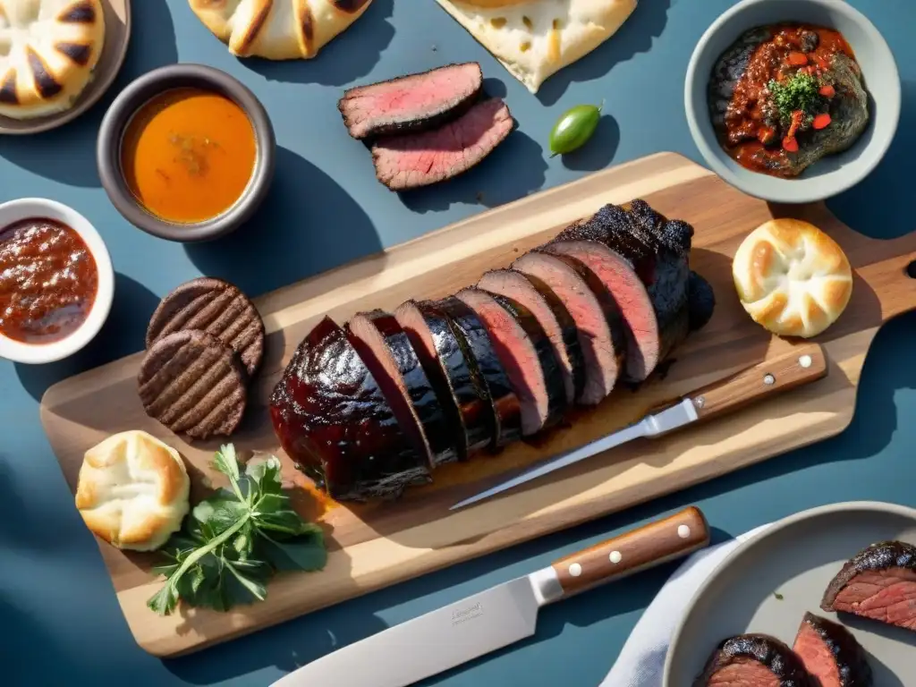 Un asado uruguayo exquisito en una mesa de madera rústica bajo un cálido atardecer dorado