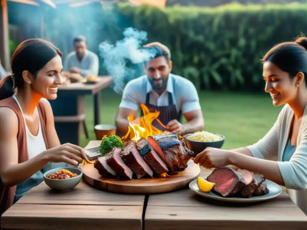 Un asado uruguayo familiar en un entorno campestre con una mesa de madera repleta de carne a la parrilla y la calidez del atardecer