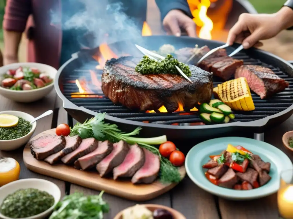 Un asado uruguayo festivo con amigos y familia, rodeado de deliciosa comida y vino tinto Tannat, en un atardecer cálido