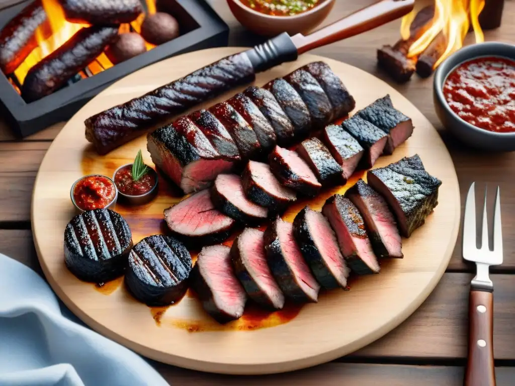 Un asado uruguayo fotorealista en una mesa rústica, con cortes de carne a la parrilla y chimichurri