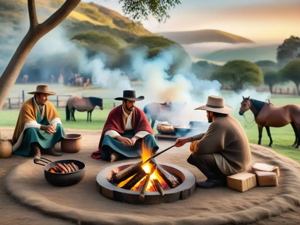 Evolución histórica del asado uruguayo: Gauchos asando carne en el campo del siglo XIX