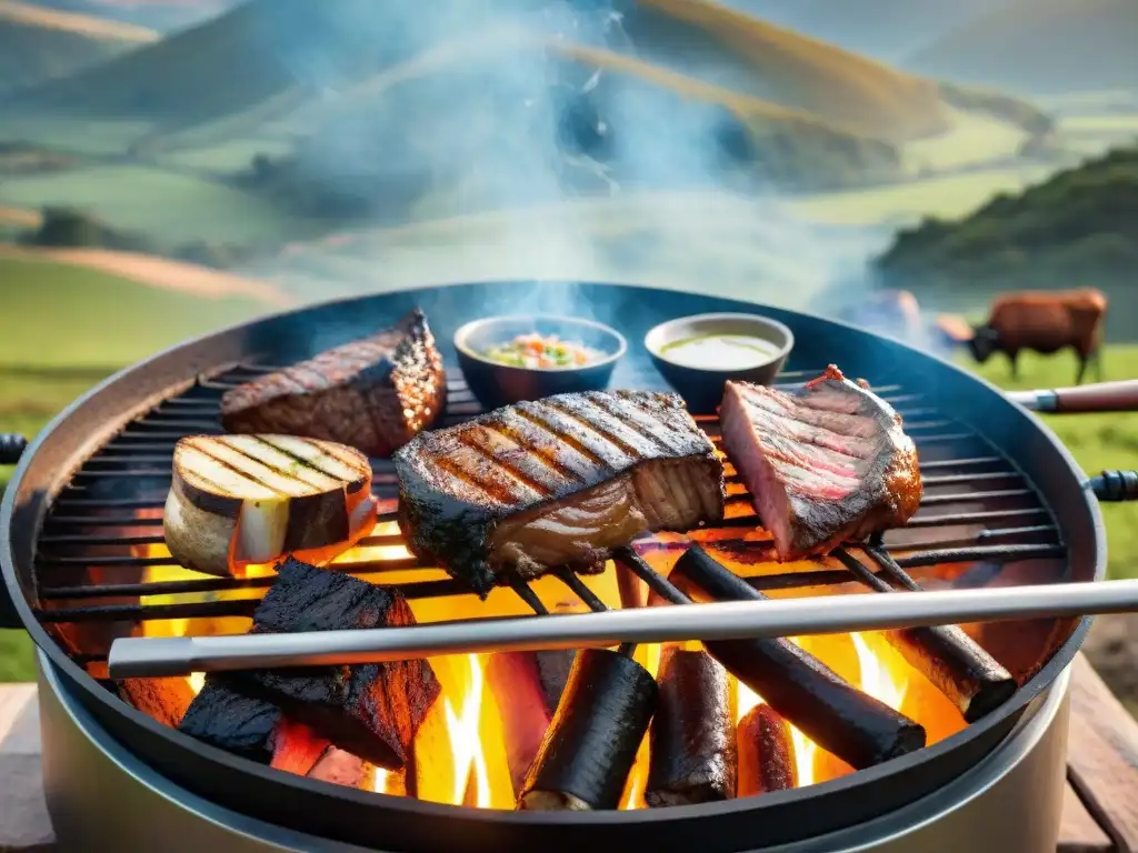 Un asado uruguayo global: parrilla llena de cortes de carne sobre brasas, paisaje campestre con ganado