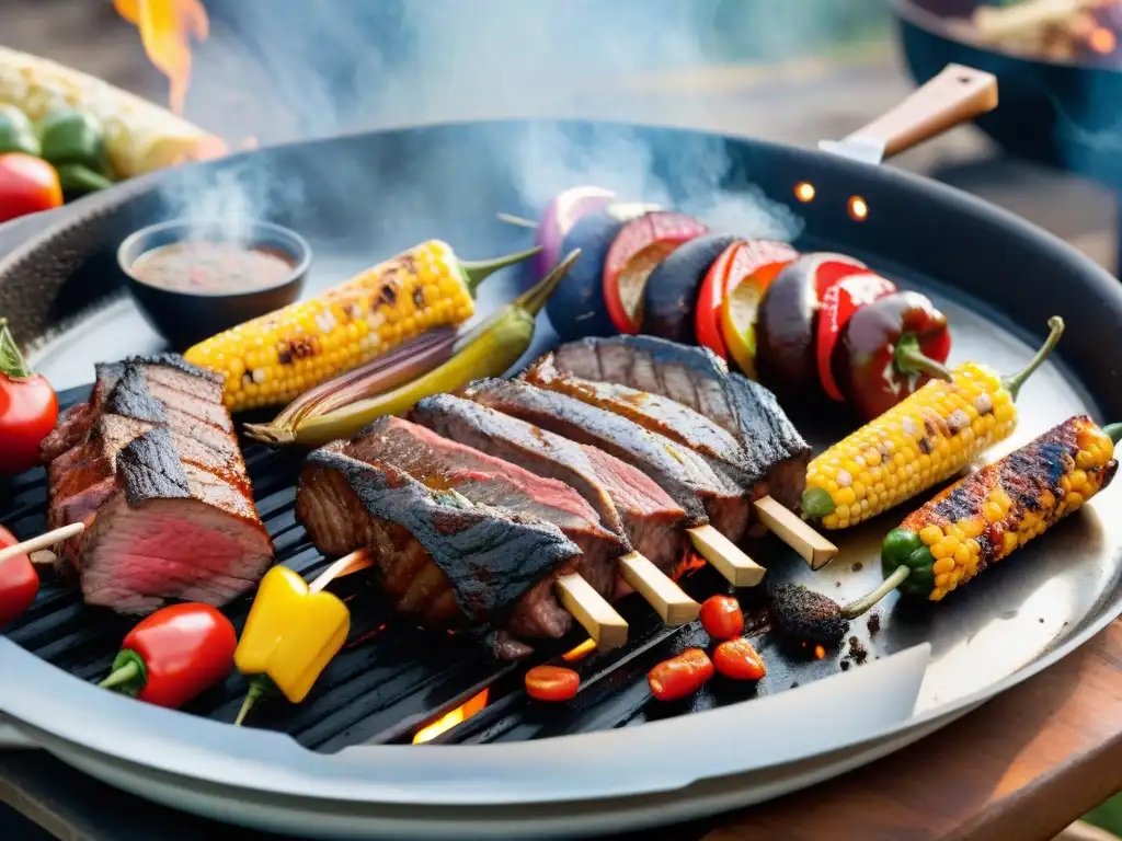 Un asado uruguayo sin gluten, con chorizo, morcilla y vegetales a la parrilla en un escenario rústico al aire libre