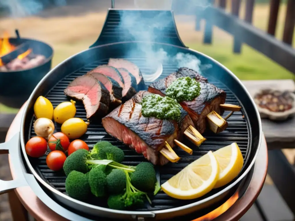 Un asado uruguayo gourmet en el campo: cortes de carne, chimichurri, verduras asadas y ensaladas frescas