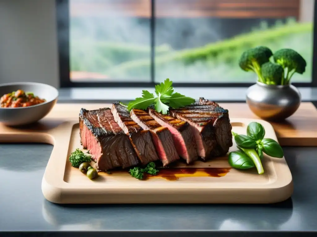 Un asado uruguayo gourmet en una parrilla sizzling rodeado de chimichurri y vegetales frescos, en una cocina moderna