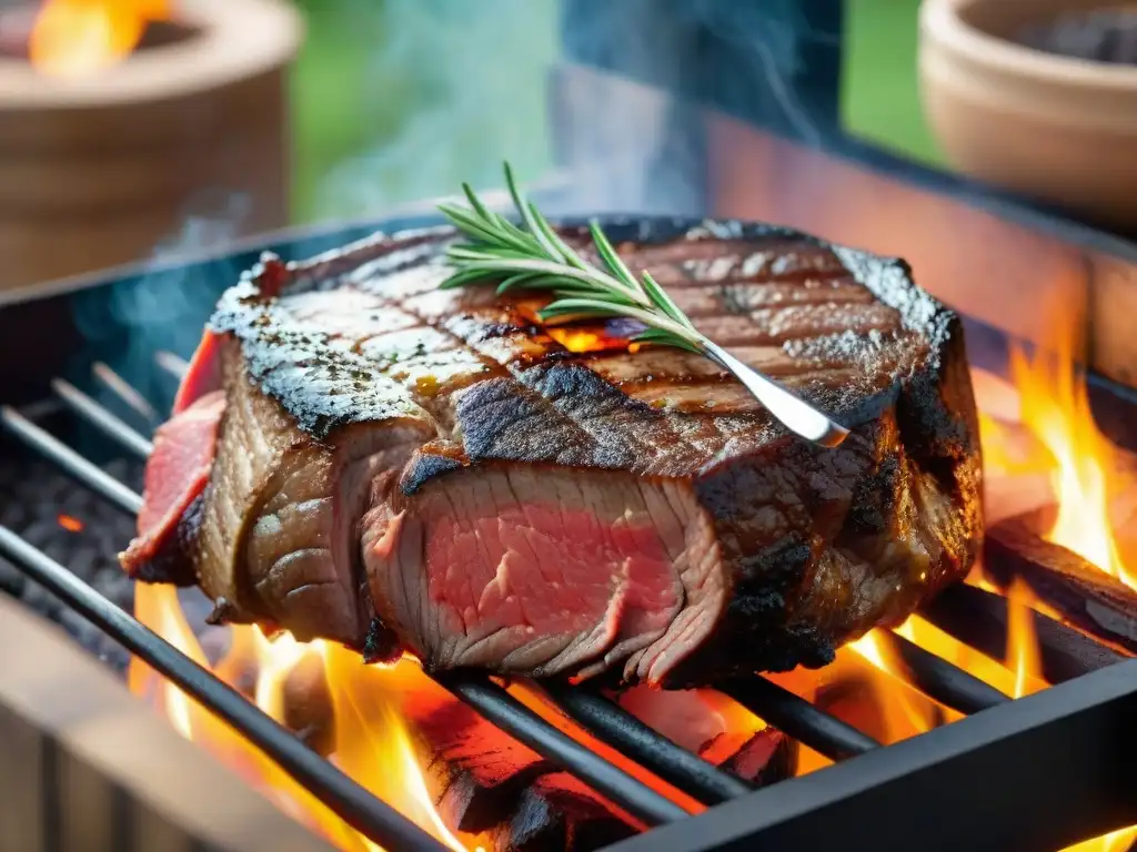 Asado uruguayo con grasas saludables, carne marmoleada a la parrilla, hierbas frescas y ambiente rústico