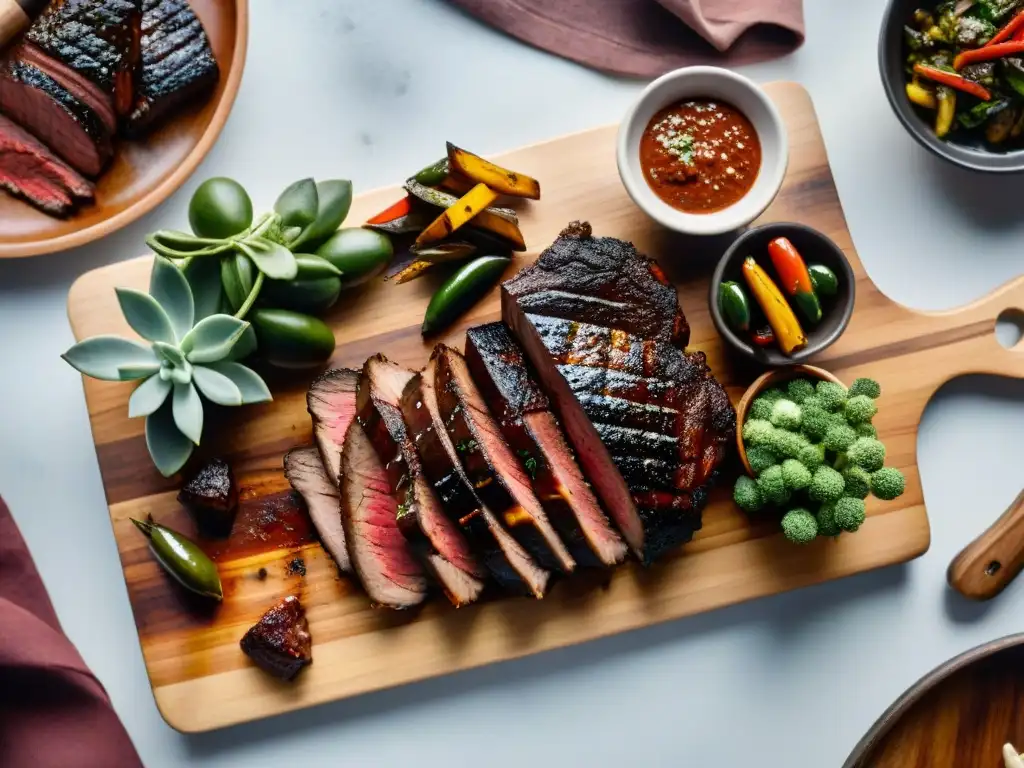 Un asado uruguayo perfectamente grillado con suculentas carnes y chimichurri, bajo la cálida luz del atardecer