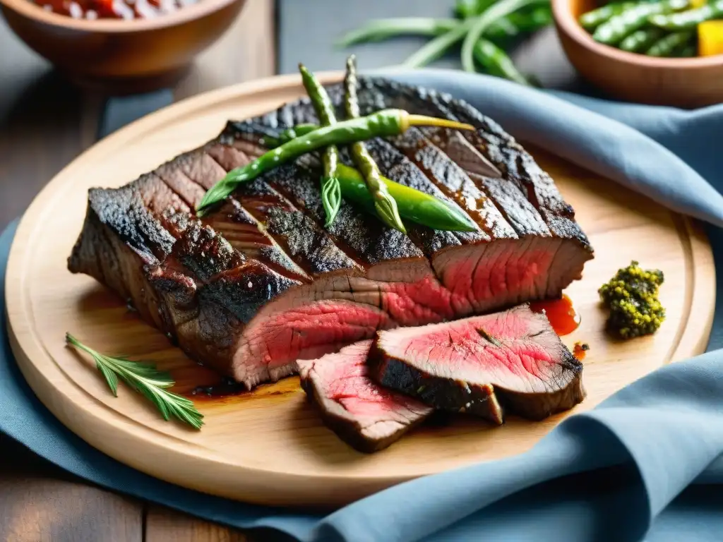 Un asado uruguayo perfectamente grillado con cortes magros y chimichurri, listo para disfrutar al aire libre