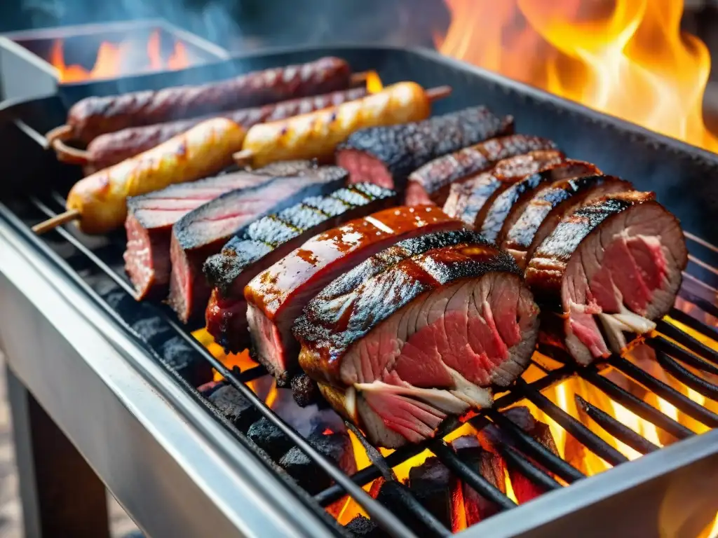 Fotografía de un asado uruguayo perfectamente grillado, con cortes suculentos de carne, costillas y chorizos en la parrilla