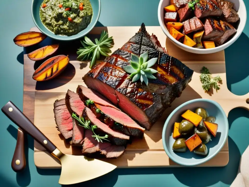 Un asado uruguayo sin gluten, perfectamente grillado, con cortes de carne, chorizos y verduras, en un entorno campestre cálido y acogedor