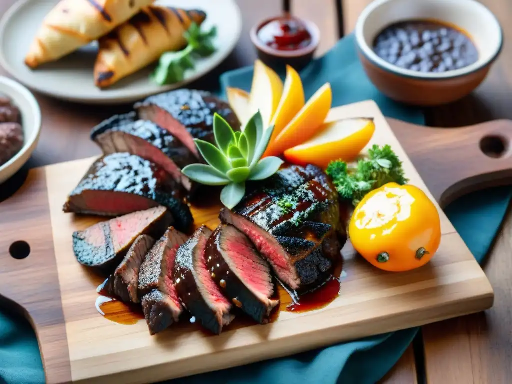 Un asado uruguayo perfectamente grillado con cortes ricos en hierro, rodeado de chimichurri y vegetales a la parrilla