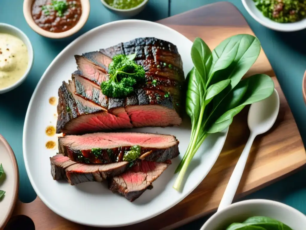 Un asado uruguayo perfectamente grillado con cortes magros, chimichurri y ensalada, bañado por luz dorada