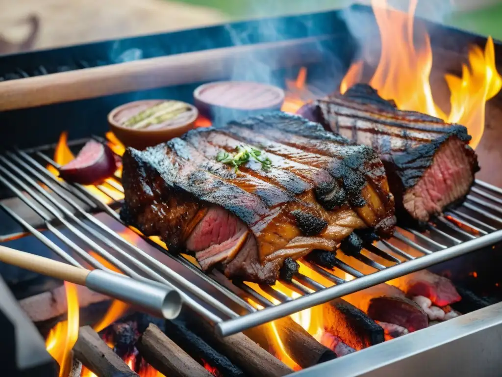 Un asado uruguayo perfectamente grillado con cortes de carne al fuego, capturando la esencia culinaria en un entorno campestre