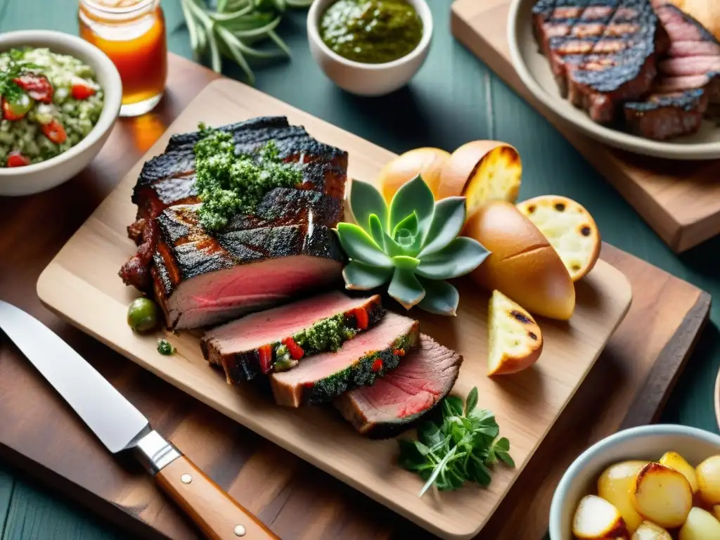 Un asado uruguayo perfectamente grillado en una mesa rústica, rodeado de chimichurri y ensaladas frescas