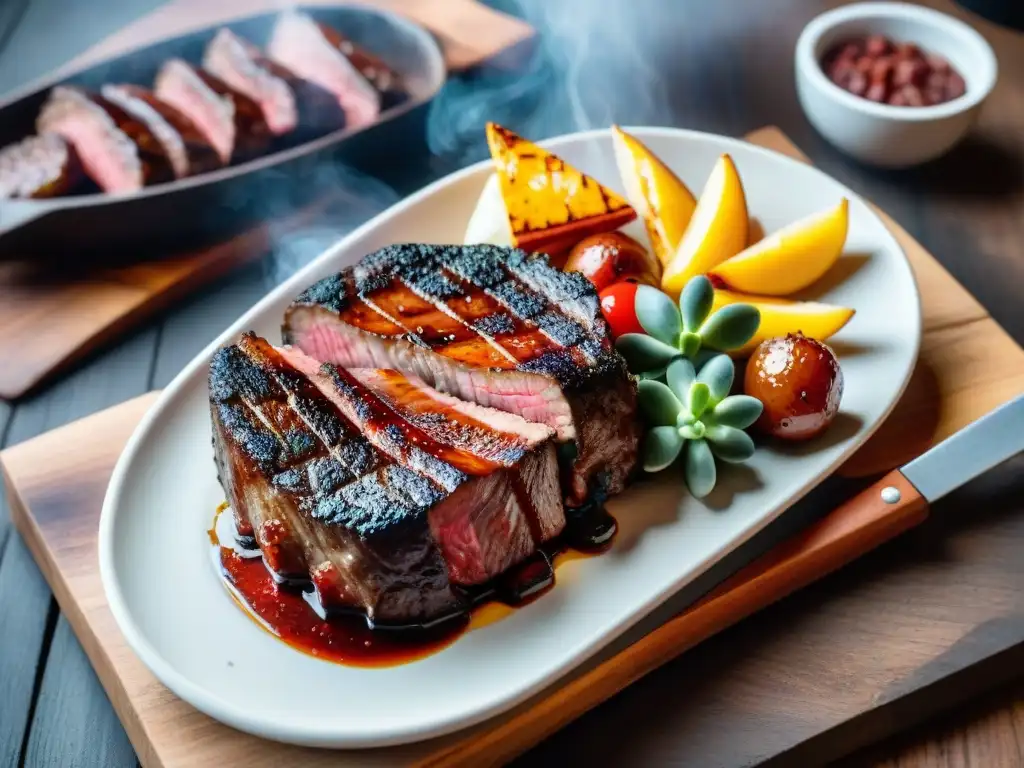 Deléitate con un asado uruguayo perfectamente grillado en una mesa rústica