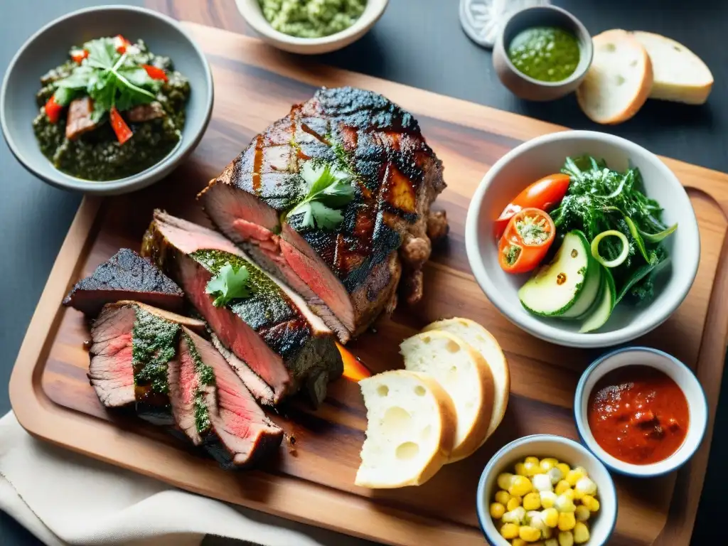 Exquisito asado uruguayo: a la parrilla con sabor auténtico Un asado uruguayo perfectamente grillado en una mesa rústica, rodeado de chimichurri y ensaladas frescas