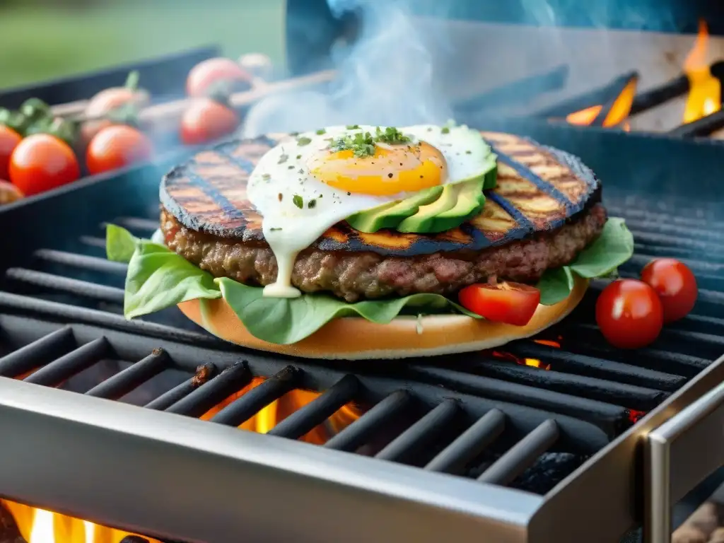 Un asado uruguayo con hamburguesas vegetales coloridas, amigos riendo alrededor de la parrilla al atardecer