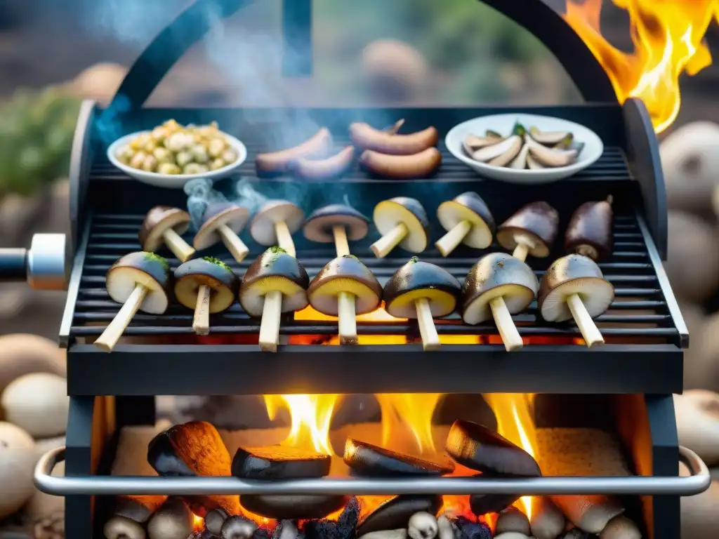 Un asado uruguayo con hongos suculentos, asándose al aire libre en un día soleado, creando una deliciosa fragancia